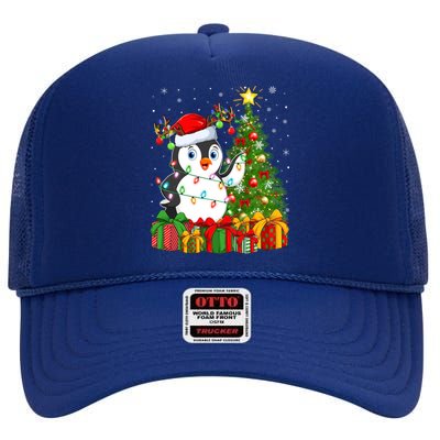 Penguin Bird Lover Xmas Holiday Santa Penguin Christmas Tree Gift High Crown Mesh Back Trucker Hat