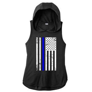 Police Blue Line American Flag Ladies PosiCharge Tri-Blend Wicking Draft Hoodie Tank