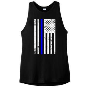 Police Blue Line American Flag Ladies PosiCharge Tri-Blend Wicking Tank