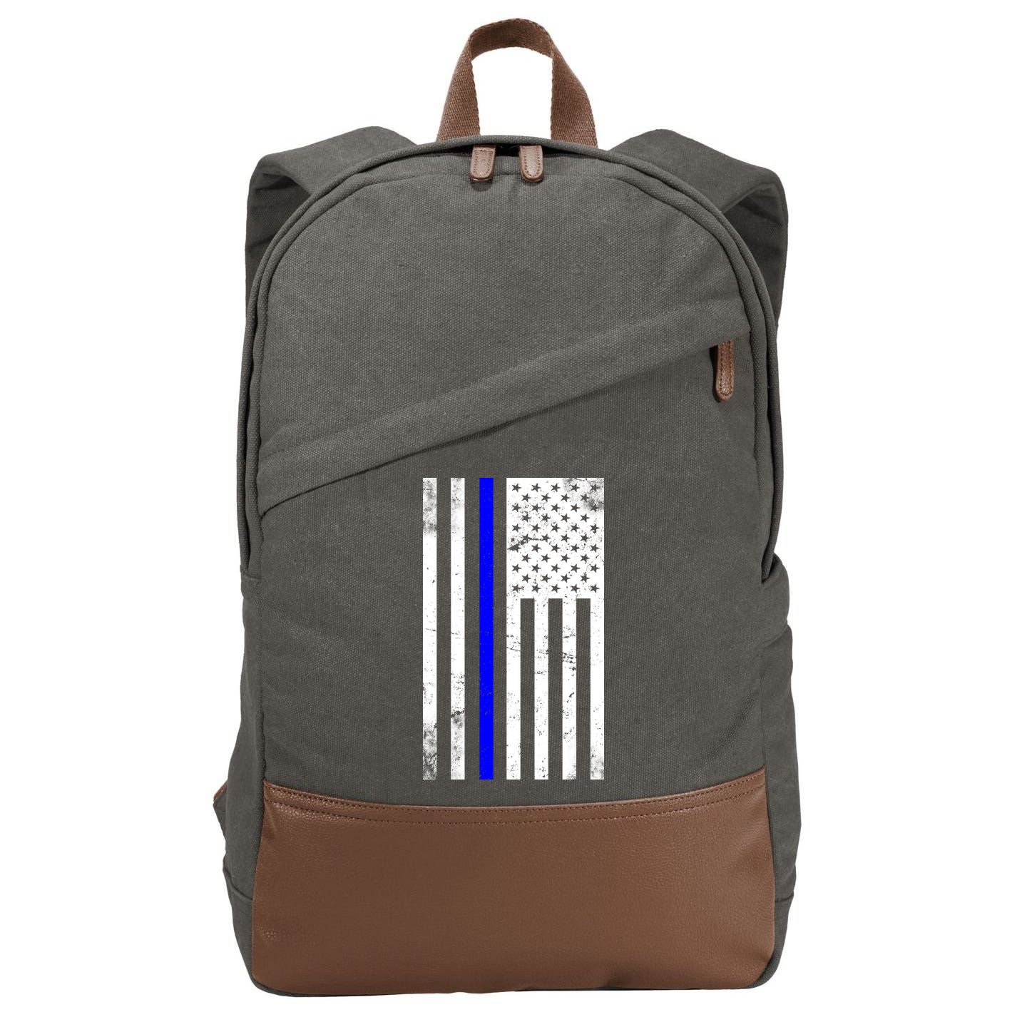 Police Blue Line American Flag Cotton Canvas Backpack