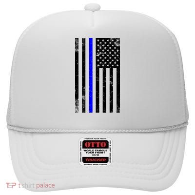 Police Blue Line American Flag High Crown Mesh Back Trucker Hat