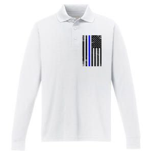 Police Blue Line American Flag Performance Long Sleeve Polo