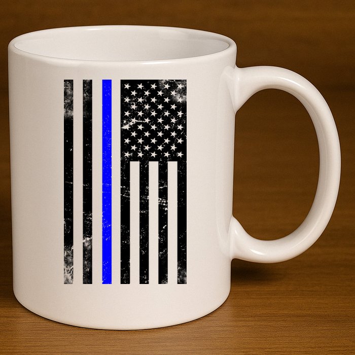 Police Blue Line American Flag 11oz C Handle Ceramic Mug