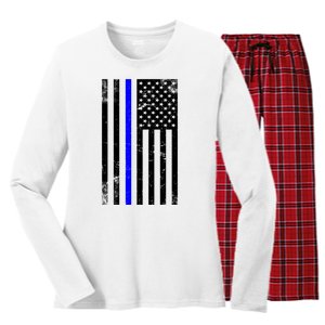 Police Blue Line American Flag Women's Long Sleeve Flannel Pajama Set 