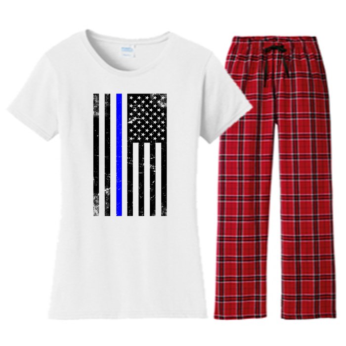 Police Blue Line American Flag Women's Flannel Pajama Set