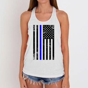 Police Blue Line American Flag Women's Knotted Racerback Tank