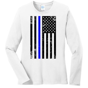 Police Blue Line American Flag Ladies Long Sleeve Shirt