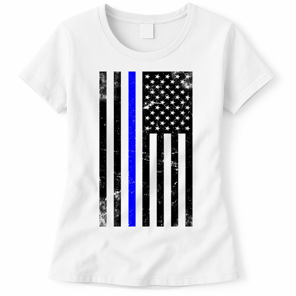 Police Blue Line American Flag Womens T-Shirt