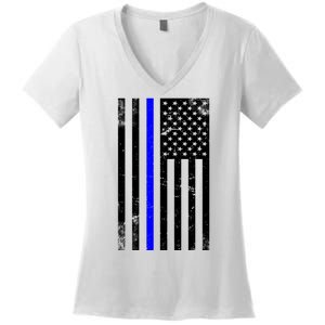 Police Blue Line American Flag Women's V-Neck T-Shirt