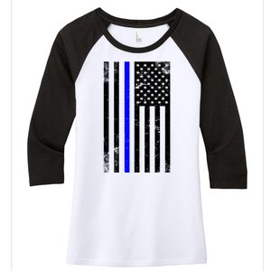 Police Blue Line American Flag Women's Tri-Blend 3/4-Sleeve Raglan Shirt