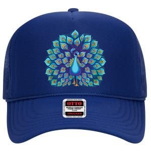 Peacock Bird Lover Illustration High Crown Mesh Back Trucker Hat