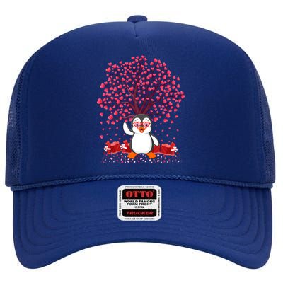 Penguin Bird Lover Heart Tree Penguin Valentine's Day Gift High Crown Mesh Back Trucker Hat