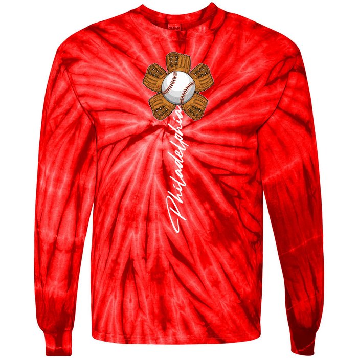 Philadelphia Baseball Mitt Flower Baseball Fan Tie-Dye Long Sleeve Shirt