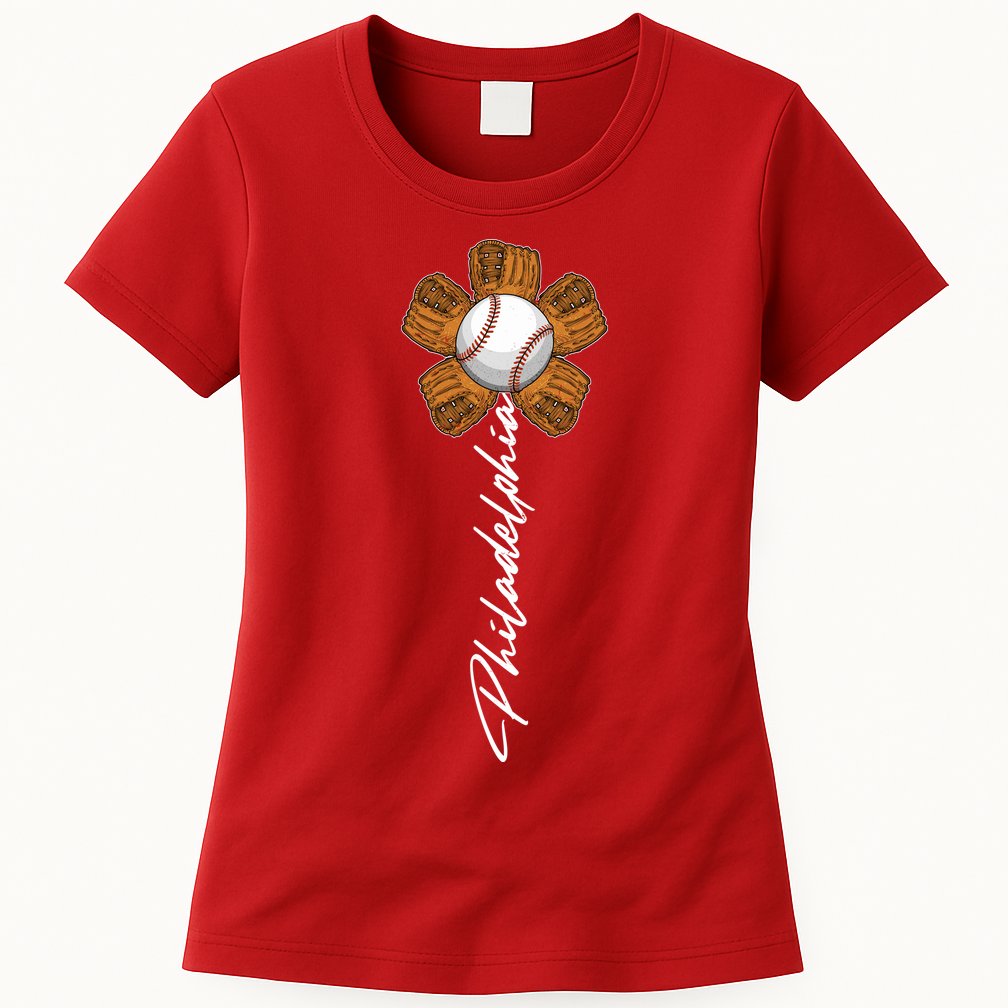 Philadelphia Baseball Mitt Flower Baseball Fan Womens T-Shirt