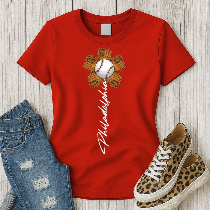 Philadelphia Baseball Mitt Flower Baseball Fan Womens T-Shirt