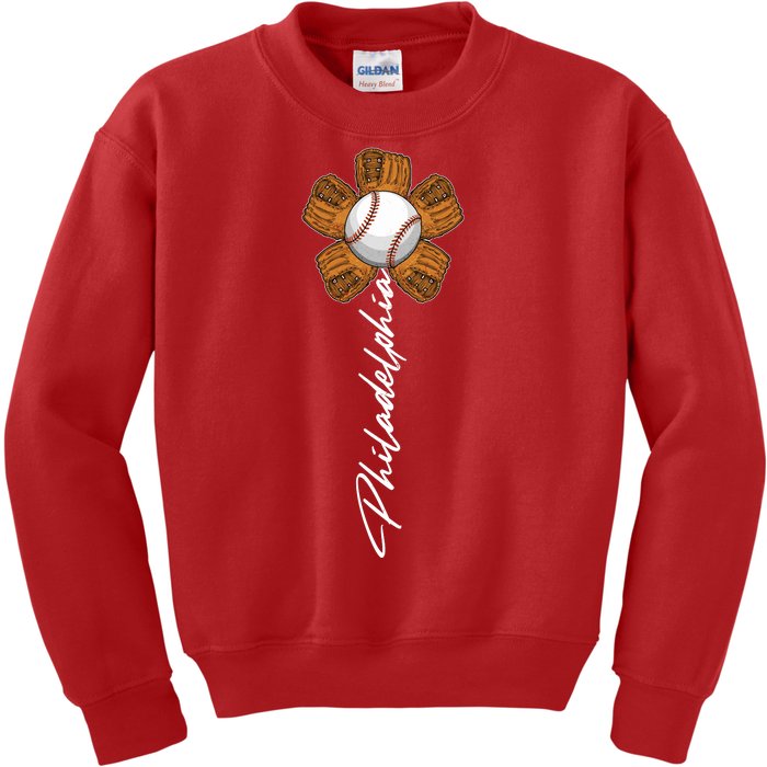 Philadelphia Baseball Mitt Flower Baseball Fan Kids Sweatshirt