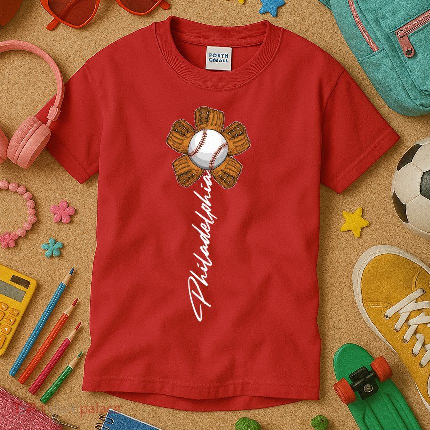 Philadelphia Baseball Mitt Flower Baseball Fan Kids T-Shirt