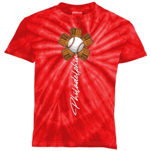 Philadelphia Baseball Mitt Flower Baseball Fan Kids Tie-Dye T-Shirt