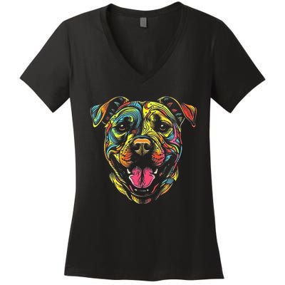 Pit Bull Mom Dog Lover Colorful Artistic Pitbull Owner Women's V-Neck T-Shirt