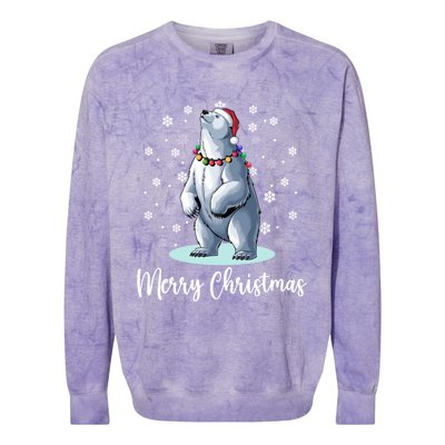 Polar Bear Merry Christmas Santa Hat Lights Snowflakes Xmas Funny Gift Colorblast Crewneck Sweatshirt