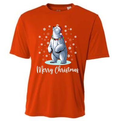 Polar Bear Merry Christmas Santa Hat Lights Snowflakes Xmas Funny Gift Cooling Performance Crew T-Shirt