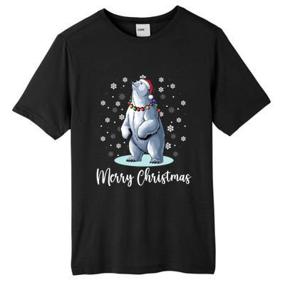 Polar Bear Merry Christmas Santa Hat Lights Snowflakes Xmas Funny Gift Tall Fusion ChromaSoft Performance T-Shirt