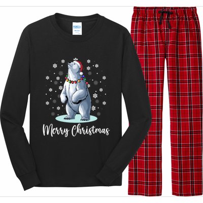 Polar Bear Merry Christmas Santa Hat Lights Snowflakes Xmas Funny Gift Long Sleeve Pajama Set