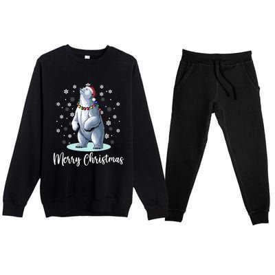 Polar Bear Merry Christmas Santa Hat Lights Snowflakes Xmas Funny Gift Premium Crewneck Sweatsuit Set