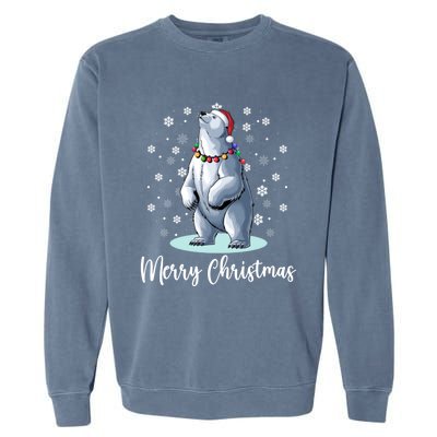 Polar Bear Merry Christmas Santa Hat Lights Snowflakes Xmas Funny Gift Garment-Dyed Sweatshirt