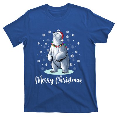 Polar Bear Merry Christmas Santa Hat Lights Snowflakes Xmas Funny Gift T-Shirt