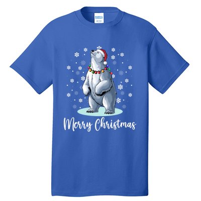 Polar Bear Merry Christmas Santa Hat Lights Snowflakes Xmas Funny Gift Tall T-Shirt