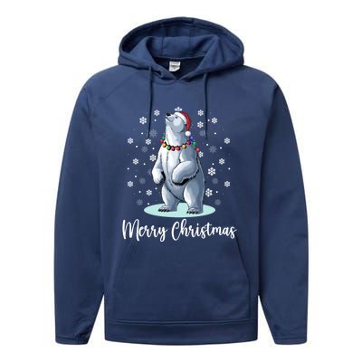 Polar Bear Merry Christmas Santa Hat Lights Snowflakes Xmas Funny Gift Performance Fleece Hoodie