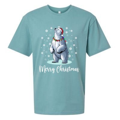 Polar Bear Merry Christmas Santa Hat Lights Snowflakes Xmas Funny Gift Sueded Cloud Jersey T-Shirt