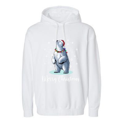 Polar Bear Merry Christmas Santa Hat Lights Snowflakes Xmas Funny Gift Garment-Dyed Fleece Hoodie