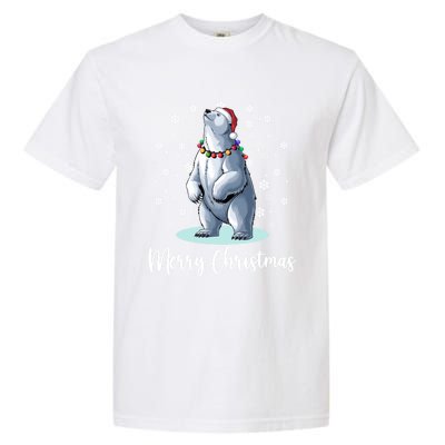 Polar Bear Merry Christmas Santa Hat Lights Snowflakes Xmas Funny Gift Garment-Dyed Heavyweight T-Shirt