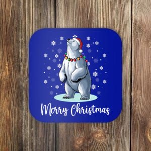 Polar Bear Merry Christmas Santa Hat Lights Snowflakes Xmas Gift Coaster