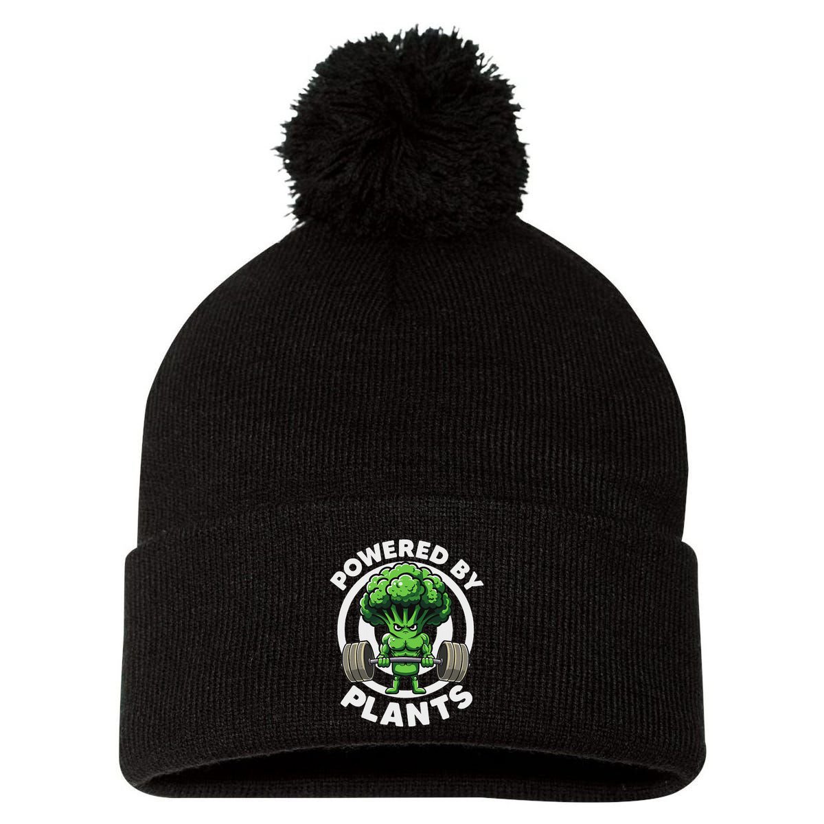 Powered By Plants Vegan Athlete Vegan Gym Vegan Bodybuilding Pom Pom 12in Knit Beanie