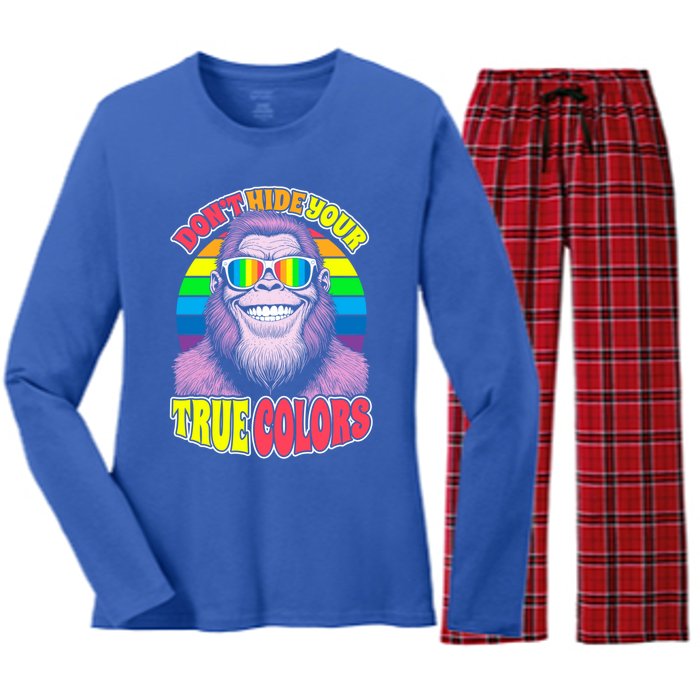 Pride Bigfoot Pink DonT Hide Your True Colors Rainbow Great Gift Women's Long Sleeve Flannel Pajama Set 