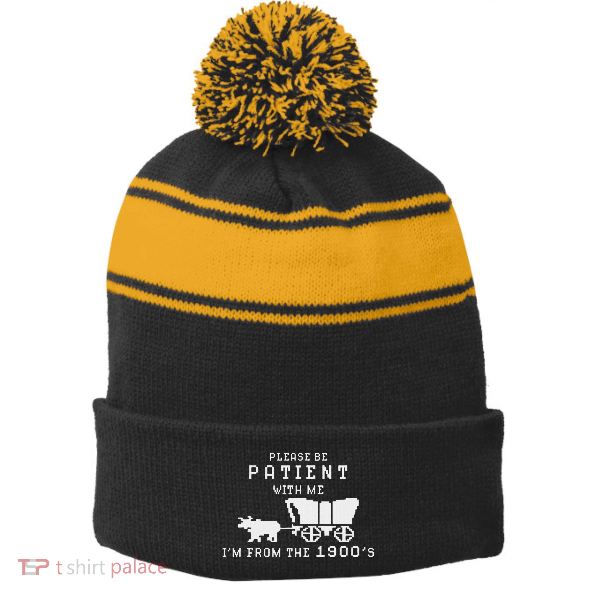 Please Be Patient IM From The 1900S Retro Oregon Trail Stripe Pom Pom Beanie