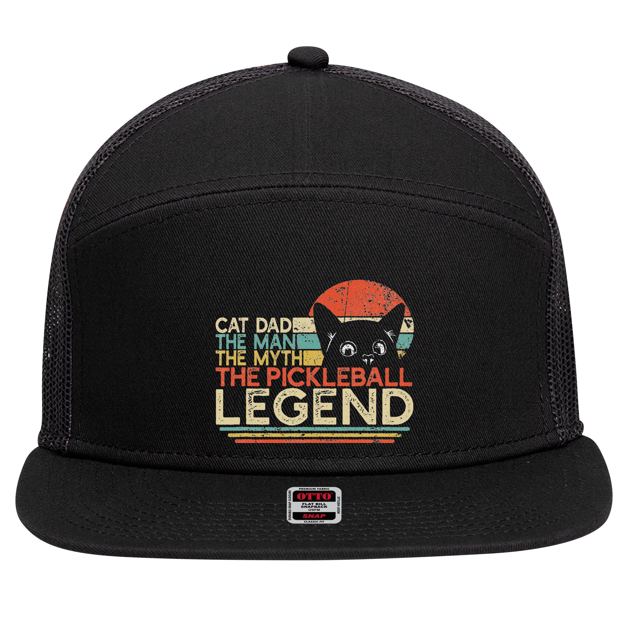 Pickle Ball Player Cat Dad Man Myth Pickleball Legend 7 Panel Mesh Trucker Snapback Hat