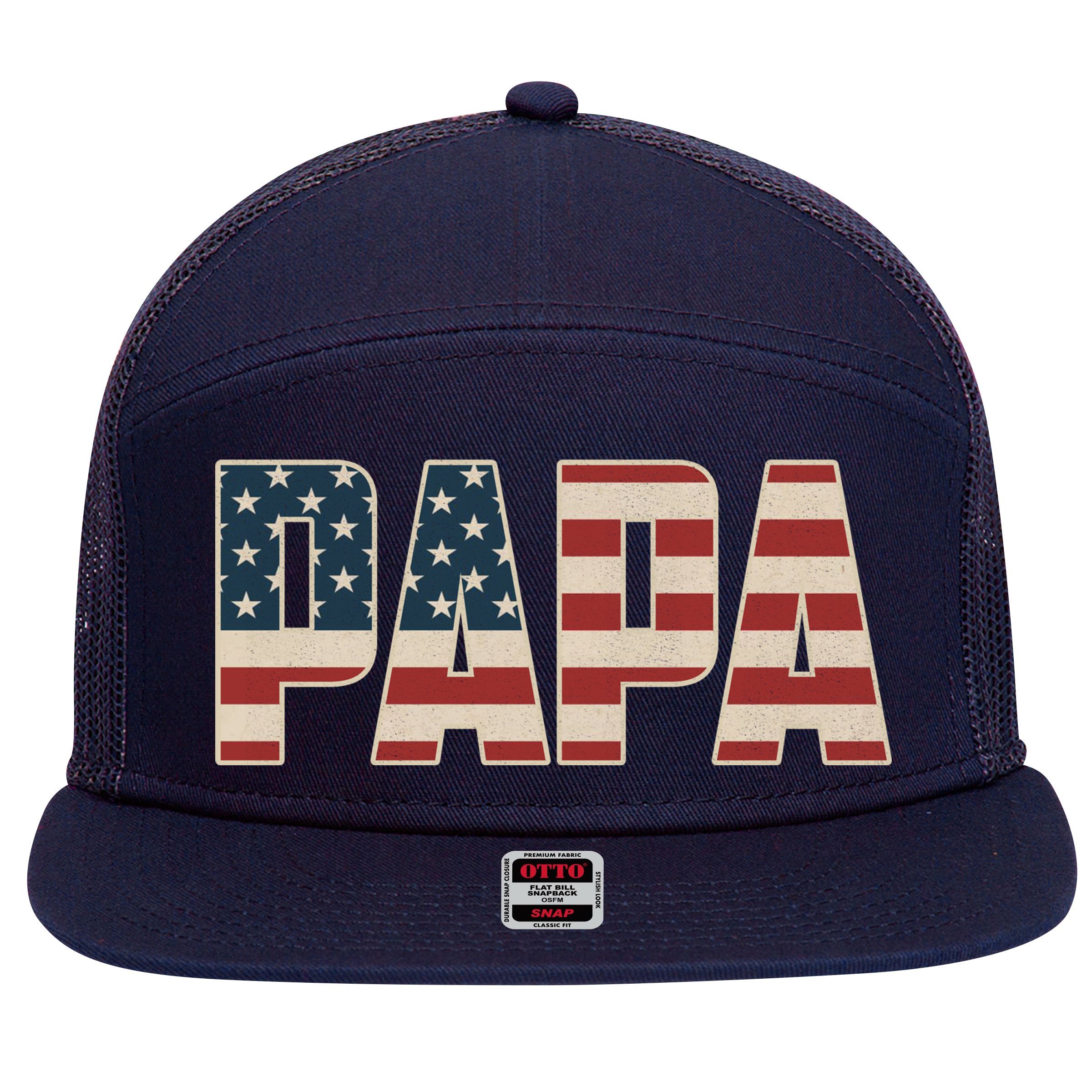 Papa Bold Patriotic American Flag Father’s Day 7 Panel Mesh Trucker Snapback Hat