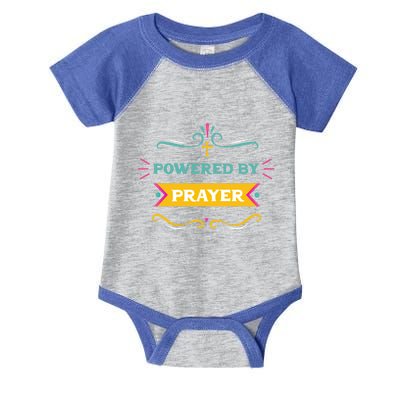 Powered By Prayer Christian Cross Jesus Believer Praying Fan Cool Gift Infant Baby Jersey Bodysuit