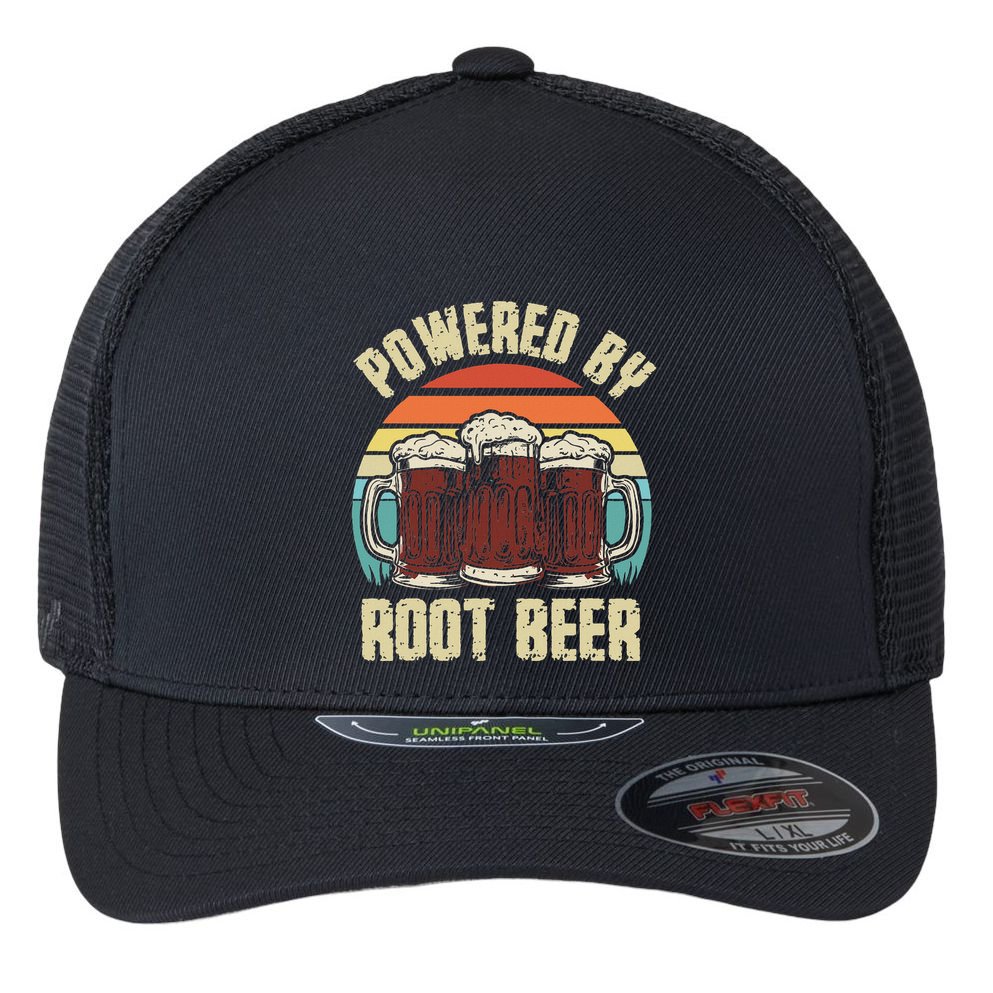 Powered By Root Beer Soda Drink Funny Root Beer Retro Flexfit Unipanel Trucker Cap