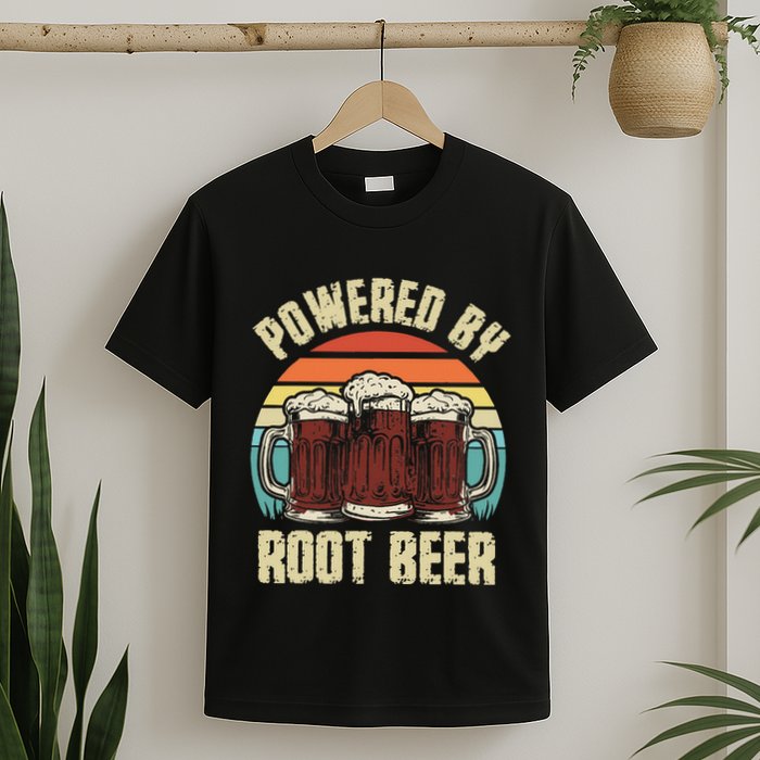 Powered By Root Beer Soda Drink Funny Root Beer Retro T-Shirt