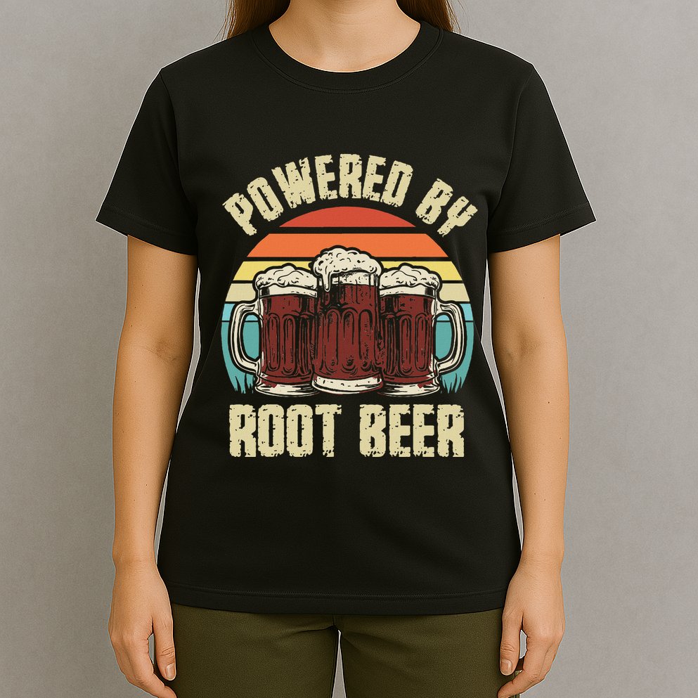Powered By Root Beer Soda Drink Funny Root Beer Retro T-Shirt