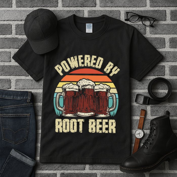 Powered By Root Beer Soda Drink Funny Root Beer Retro Tall T-Shirt