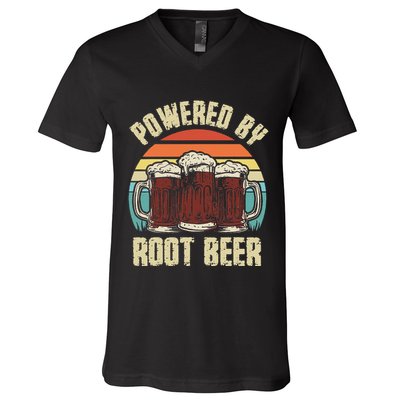 Powered By Root Beer Soda Drink Funny Root Beer Retro V-Neck T-Shirt