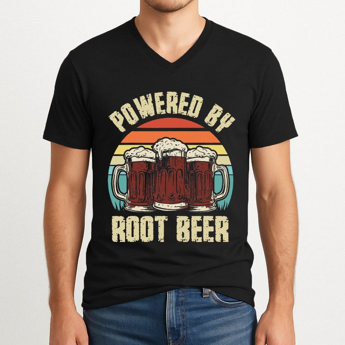 Powered By Root Beer Soda Drink Funny Root Beer Retro V-Neck T-Shirt