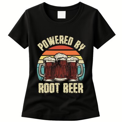 Powered By Root Beer Soda Drink Funny Root Beer Retro Womens T-Shirt
