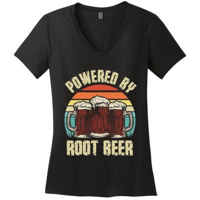 Powered By Root Beer Soda Drink Funny Root Beer Retro Women's V-Neck T-Shirt